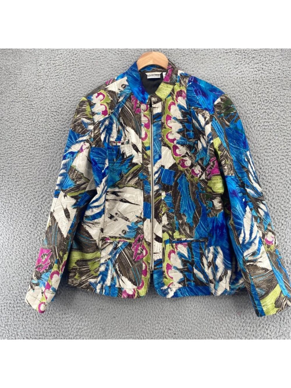 Chicos Jacket Women 2 US Large Blue Abstract Floral Glitter Pocket Cotton Blazer